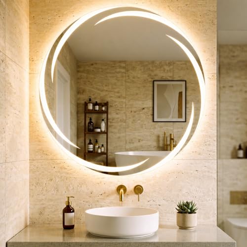 Image of Sunsyze 24 inch Round LED Bathroom Mirror - Dimmable Touch Control, 3-Color Lighting, Frameless Wall Mirror, HD Silver Glass