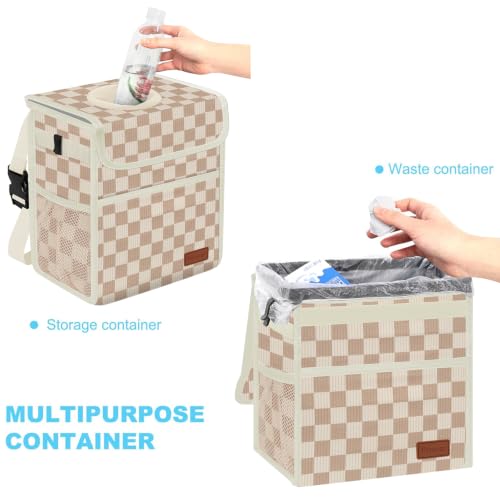 Image of Femuar Leak Proof Car Trash Can with Lid, Collapsible Hanging Waterproof Car Trash Bag with Mesh Pocket for SUV Front Seat Headrest, Large /Beige Brown Plaid