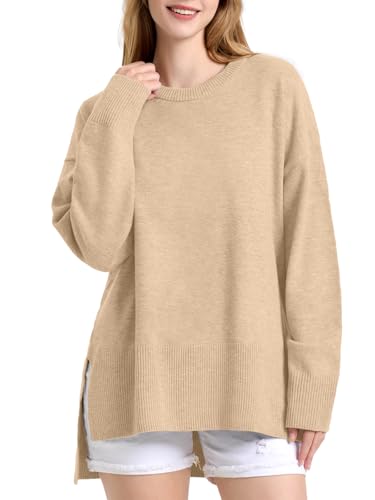 Image of ZANZEA Women's Fall Sweaters 2025 Oversized Loose Long Sleeve Crew Neck Side Slit Dressy Knit Casual Pullover Tops