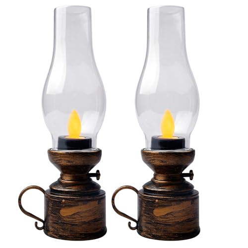 Lot de 2 lampes à pétrole électroniques d'extérieur - Lampes à huile LED - Lampe à pétrole - Lampe à huile de pétrole rétro - Lampe LED sans flamme - Pour salle à manger et jardin - Cuivre