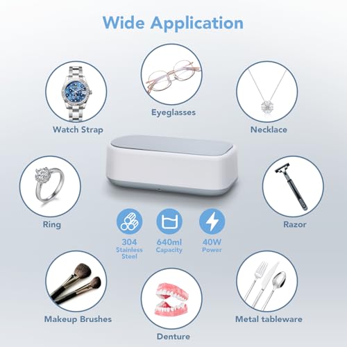 Ultrasonic Jewelry Cleaner, 22oz（640ml）48KHz Jewelry Cleaner Machine, Portable Sonic Cleaner with On