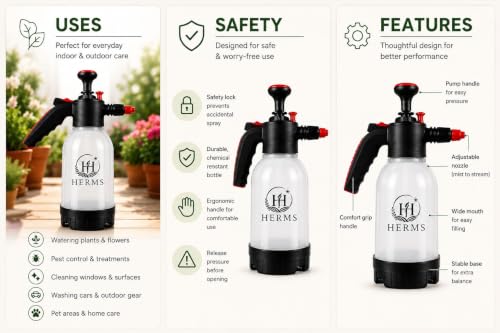 Image of HERMS Aquamist 2L Hand Pressure Spray Pump | 3 Spray Modes | Adjustable Brass Nozzle | Garden Sprayer for Watering Plants, Pesticide, Fertilizer, Home Garden, Nursery & Car Washing (White)