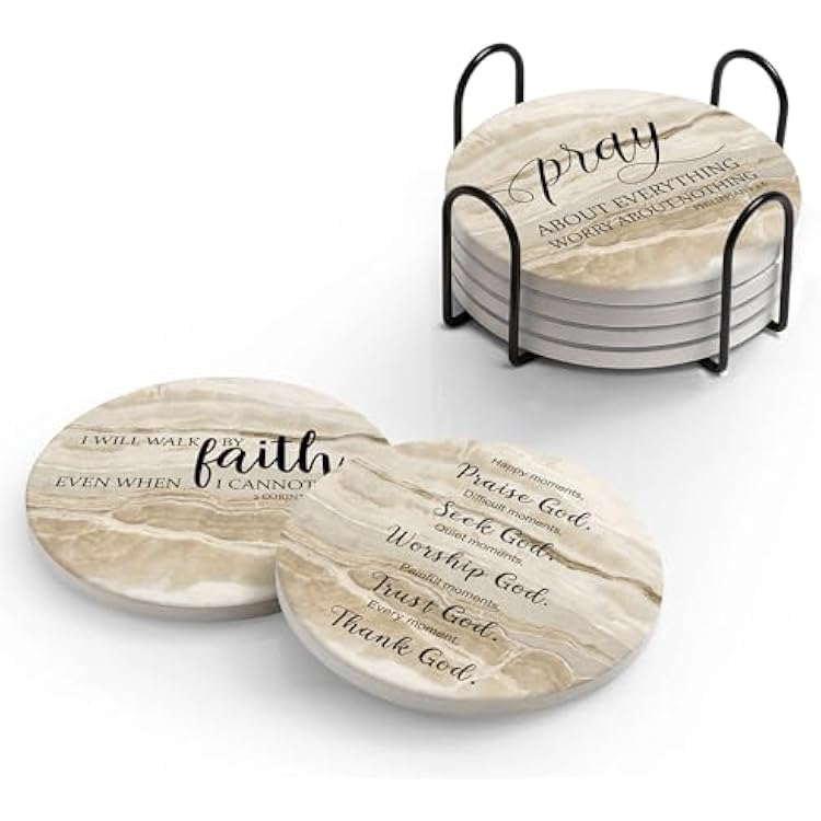 Coasters for Drinks with Bible Verses, Set of 6 Absorbent Drinks Coasters with Holder, Christian Gifts