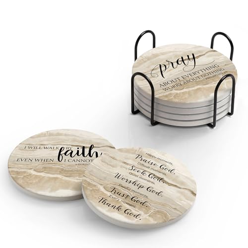 Hoomey Coasters for Drinks with Bible Verses, Set of 6 Absorbent Drinks Coasters with Holder, Christian Gifts