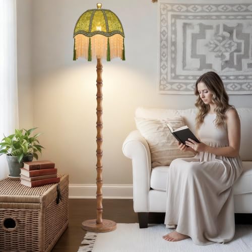 Image of ZECOXOL Wood Floor Lamps for Living Room Boho Rustic Floor Lamp with Remote Control,Dimmable Vintage Floor Lamp Green Mid Century Modern Standing Lamp Pole Tall Fringe Floor Lamp for Bedroom Corner