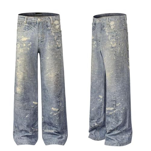 Jeans Pants Trouser Denim Retro Trendy Street Spray Dirty Personalized Wash Blue Straight Leg for Men 5