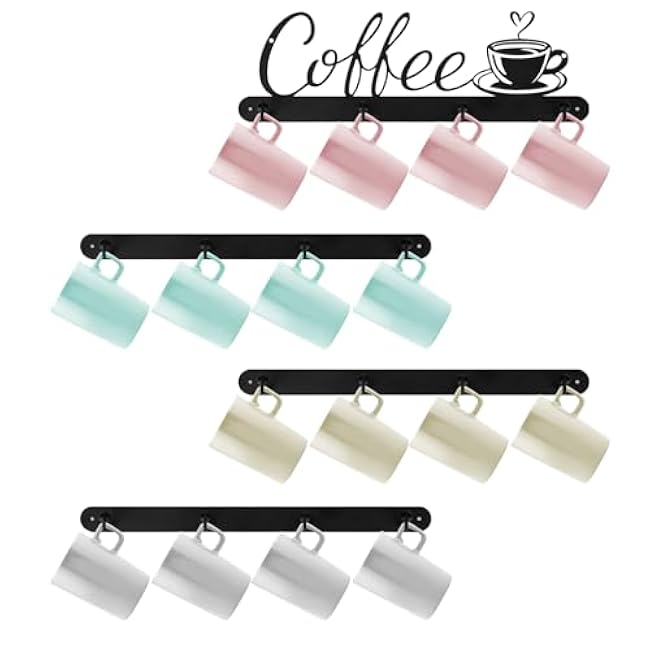 Coffee Mug Holder Wall Rack, Mug Rack Wall Mounted with 16 Heavy Duty Hooks, Storage Metal Cup Organizer Display Coffee Cups Sign for Kitchen Bar, Set of 4, Black