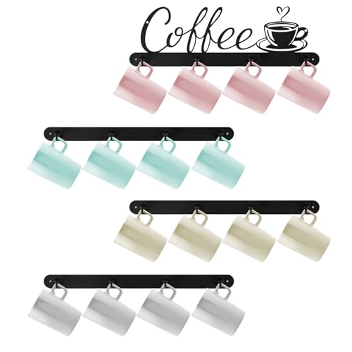 QUMENEY 4 piezas soporte para tazas de café montado en la pared organizador de exhibición con 16 ganchos decoración de signos de café para cocina estación de café bar accesorios de oficina