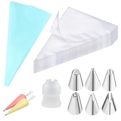 100 Pcs Piping Bags, Piping Bags and Nozzles, Piping Bag, Disposable Piping Bags,1blue Piping Bags Reusable, 6 Nozzles, 2 Couplers,Clear Piping Bags for Cake Cupcake Dessert Cookies Decoration