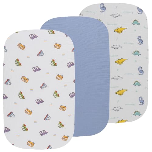 Image of Onacosht Muslin Bassinet Sheets 3 Pack for Baby Boy, Dinosaur Car &Blue | Skin-friendly, 100% Cotton Bassinet Fitted Sheets, 33 inch X 17 inch, Universal Size for Standard Oval & Rectangle Bassinet Mattress