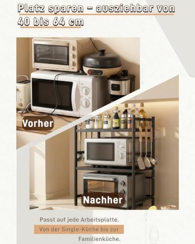 AmoreTempo Mikrowellenregal 3 stufig ausziehbar Höhenverstellbarer Mikrowellenständer (40-64cm) ohne Bohren mit 6 Haken, Kohlenstoffstahl für Backofen, Kaffeemaschine & Airfryer