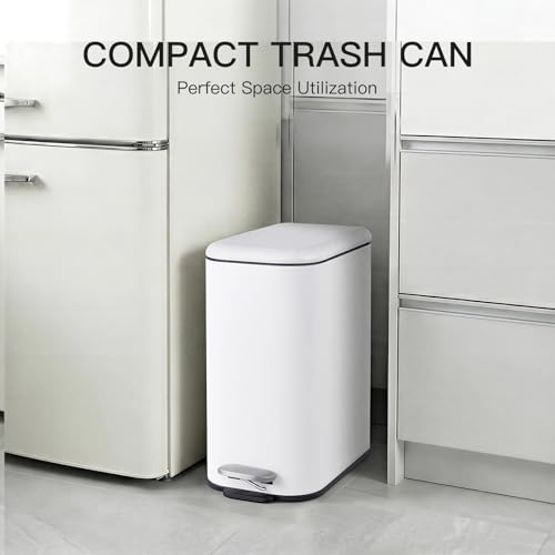 Image of GarveeHome 3.2 Gal Slim Trash Can, Step Garbage Can with Soft-Close Lid, Stainless Steel Recycling Bin Waste Container with Removable Inner Bucket for Kitchen, Bathroom, Office, White