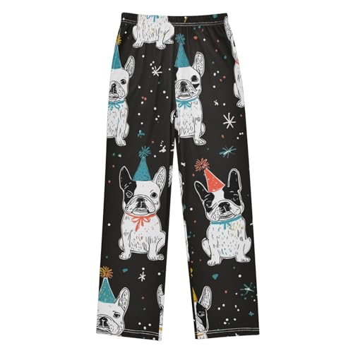 ZZXXB Happy New Year Bulldog Print Boys Long Pants Soft Trousers Elastic Waist Kids Lounge Bottoms with Pockets S-XL