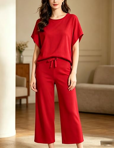 Image of Bozanly 2 Piece Sets for Women Short Sleeve Tops and Capris Loose Matching Pajama Sets Sweatsuits
