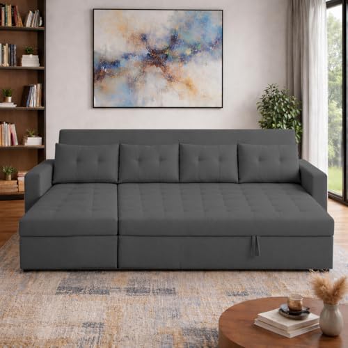 Image of Emilio 6 Seater LHS L - Shape Pull-Out Sofa Cum Bed Sofa for Living Room (Black Fabric Color) Premium Fabric Sofa Set for Living Room Sofa Cum Bed