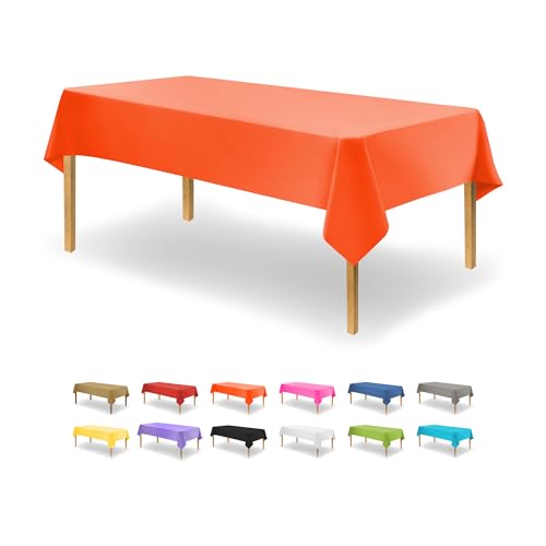 Image of Party Dimensions Orange Plastic Tablecloths, 12 Pack, 54 x 108 Rectangle | Disposable Waterproof Plastic Table Cover for Birthdays, Weddings, Graduations, Picnics & BBQs, Indoor Outdoor, 6-8 ft Tables
