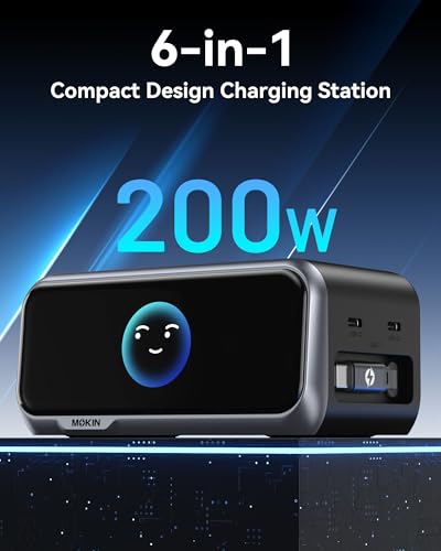 Image of MOKiN 200W Charging Station with Retractable Cord, 6-Port Desktop Charger | 2 USB A, 4 USB C Charging Station for Multiple Devices, Desk Accessories GaN Fast Charger for iPhone, iPad, MacBook, Galaxy