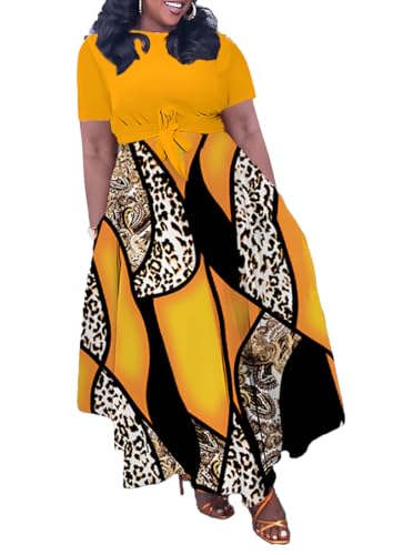 Image of Hostoyo Women Plus Size Formal A Line Maxi Dress Self Tie Waist with Pockets Elegant Round Neck Swing Long Dresses