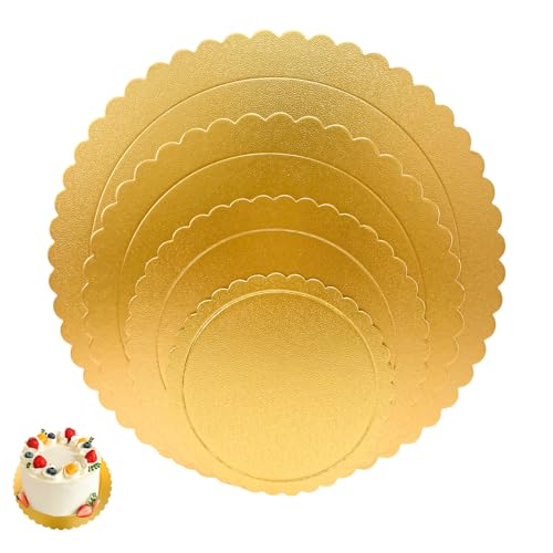 Cake Boards Set Scalloped Edge, Cardboard Cake Rounds Sturdy Base, Gold 4 Pack Includes 6 8 10 12 Inch Cake Circles for DIY Baking Decorating Display Wedding Birthday, Waterproof Oil Proof