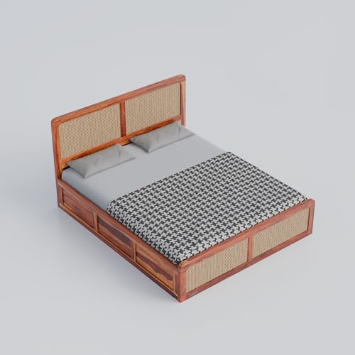 Image of DRIFTINGWOOD Amber Solid Sheesham Wood King Size Bed with Box Storage | Rattan Cane Headboard & Footboard | Carved Edges | Honey Finish (Self Assembly Required)