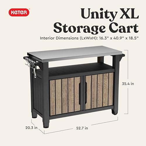 Image of Keter Unity XL Outdoor Entertainment Cart with Wood‑Look Finish, 78‑Gallon Patio Storage Cabinet, Food Prep Station, Stainless‑Steel Top for BBQ, Grill, Patio, Deck & Backyard, Ashwood