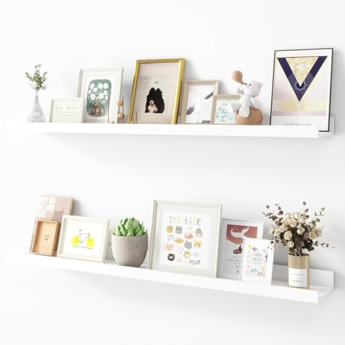 Acovy Picture Ledge Shelf, Wood Floating Shelves Set of 2, 36 inch Picture Ledge Shelves, Photo Ledge Nursery Book Shelves Wall Mounted for Living Room Kids' Room Bedroom, Color White
