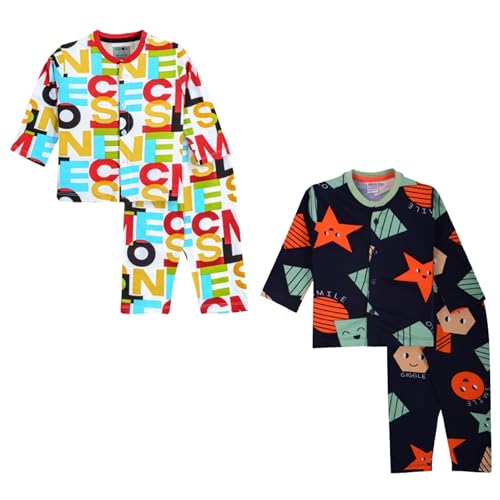Image of 3BROS Kids Pure Cotton Night Suit Set | Boys Girls Printed Sleepwear Shirt & Pajama Clothing Combo | Soft Breathable Night Dress Outfit | Pack of 2
