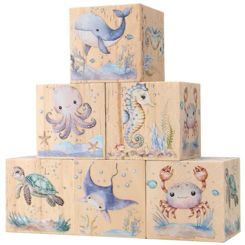 Image of 6 Pcs Ocean Animal Nursery Decor Blocks Wooden Shelf Decor for Baby Nursery Room Kids Bedroomm