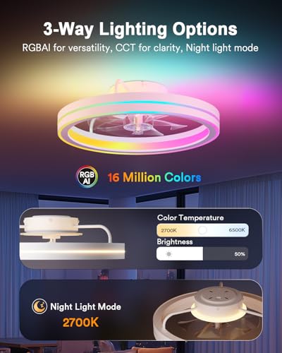 Image of Lumary Smart Ceiling Fans with Lights and Remote, WiFi & Bluetooth Low Profile Ceiling Fan with 2200K Nightlight for Bedroom, RGBAI & 42 Scenes Mode, Flush Mount Easy to Install, 5000 LM, 19 In White