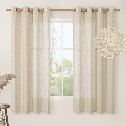 Image of LAMIT Light Filtering 63 inch Length Sheer Curtains, Soft Semi Sheer Linen Textured Bronze Grommet Neutral Boho Drapes for Living Room /Bedroom, 2 Panels Set, 52 x 63 Inch, Linen