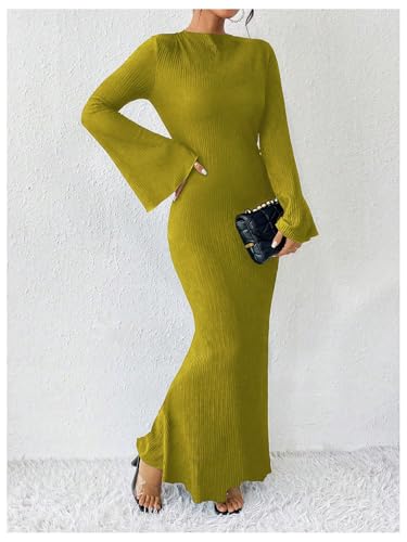 Image of GORGLITTER Women's Bell Long Sleeve Cocktail Maxi Dress Crew Neck Bodycon Fishtail Casual Long Dresses