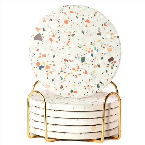 Terrazzo Marble Absorbent Coasters with Holder Set of 6, Coasters for Drinks, Coasters Coffee Table, Coaster Set, Marble Coasters, Drink Coasters, Stone Coasters for Drinks Absorbent