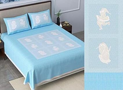 Fortune 100% Cotton Rajasthani Jaipuri Traditional Super King Size Double Bed Bedsheet with 2 Pillow Covers ( Sky BlueColour)