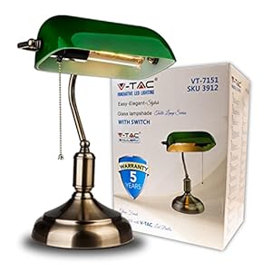 V-TAC Lámpara de Escritorio de Banquero de Vidrio – Lámpara de Mesa Retro Clásica Vintage – Portalámparas con Difusor de Cristal Verde Inclinable 90° – E27 – Diseño Particular