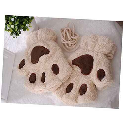 SAFIGLE Plush Fingerless Gloves for Warm Half-finger Mittens Wrist Rope Soft and Comfortable Design Beige2