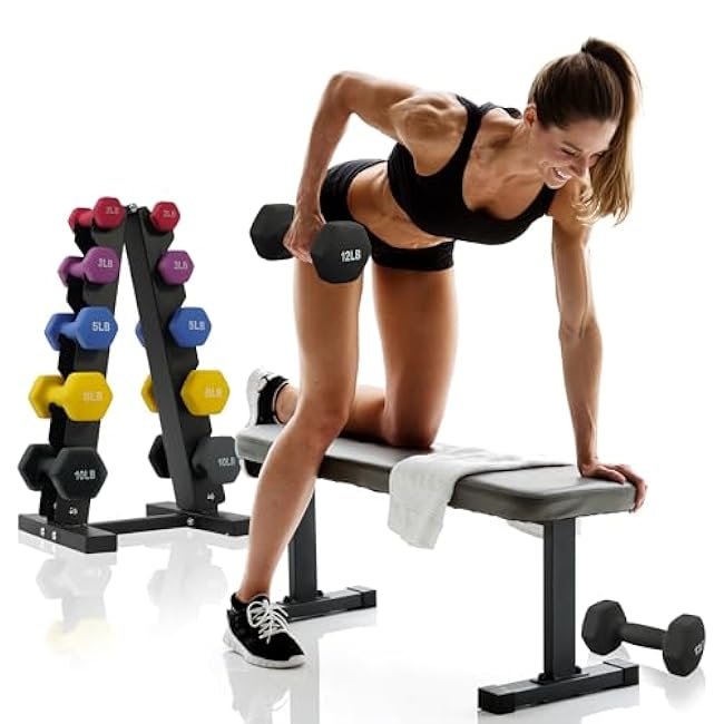 Colored Neoprene Dumbbell Set with Rack, Multiple Weight Options, 20LBS, 32LBS, 50LBS and 56LBS Sets