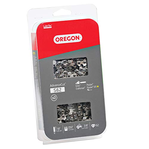 Oregon S62T AdvanceCut Chainsaw Chain for 18-Inch Bar; Fits Echo CS-400 and CS-370, Poulan 2150 and 4180, more; 3/8-in low profile pitch, .050-in gauge, 62 drive links (2-pack) , GREY