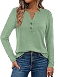 WYNNQUE Womens Long Sleeve Shirts Business Casual Outfits Dressy Tops Blouses Henley V Neck Fall Clothes LightGreen L
