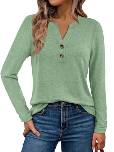 WYNNQUE Womens Long Sleeve Shirts Business Casual Outfits Dressy Tops Blouses Henley V Neck Fall Clothes