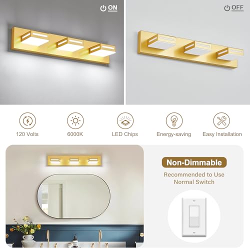 Image of LED Modern Bathroom Light Fixtures, 3-Light 24-Inch Gold Vanity Lights for Bathroom Lighting Fixtures Over Mirror, 6000K Cool White 350 Rotatable Wall Lamp