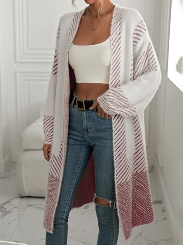 Image of chouyatou Women's Color Block Striped Fuzzy Long Cardigan Sweaters Open Front Diagonal Stripe Knit Cardigan Jacket Coat