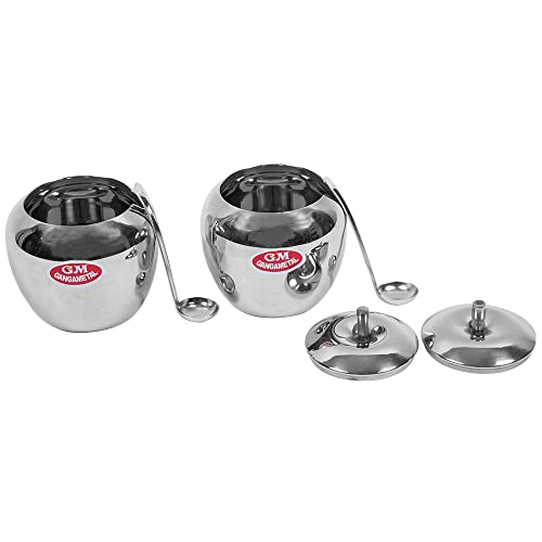 Image of Ghee Container With Spoon Oil Dispenser | Ghee Pot Steel, Ghie Dispenser | Salt Container With Spoon | Steel Oil Pot 300ml Silver Pack of 2 (Pack Of 2, Matka Shap)