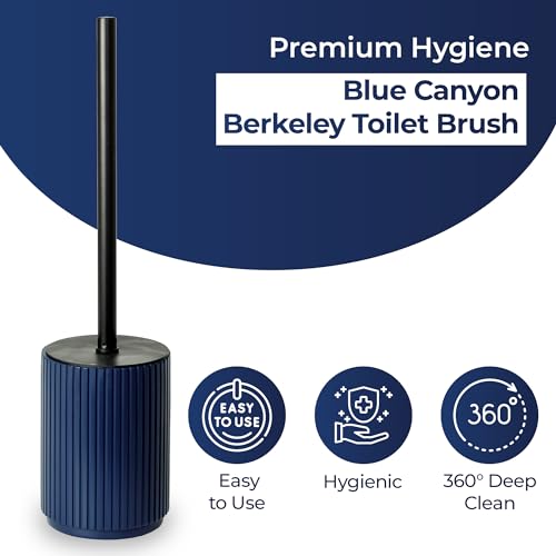 Image of Blue Canyon Berkeley Toilet Brush & Holder, Brush for Bathroom & Office, Plastic Brush Head for Deep Cleaning, Pack of 1, Compact Size, Elegant Design, Odour Free Holder, Blue