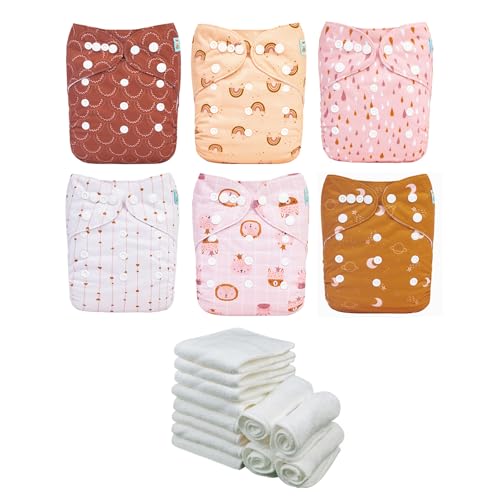 Image of ALVABABY Baby Cloth Diaper 6 Pack with 12 Inserts One Size Cloth Diaper Covers Adjustable Washable Reusable for Baby Girls and Boys