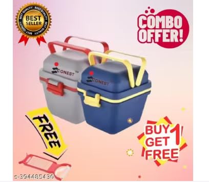 Image of Stainless Steel Lunch Box, 3 Compartments with Spoon, Leak-Proof Food Container with Push Lock Handle, Blue, 25 x 18 x 6.5 cm