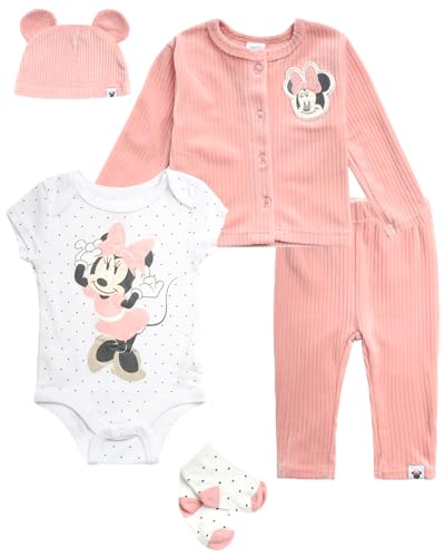 Image of Disney Baby Girls Take Me Home Set - 5 Piece Minnie Mouse Bodysuit, Shirt, Pants, Hat, Socks - Newborn Infant Essential, 0-9M