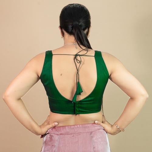 Image of FIGURE'S DESIGNER Women's Dupion Raw Silk Sleeveless V Neck Sabyasachi Cut Readymade Saree Blouse Padded Stitched S4