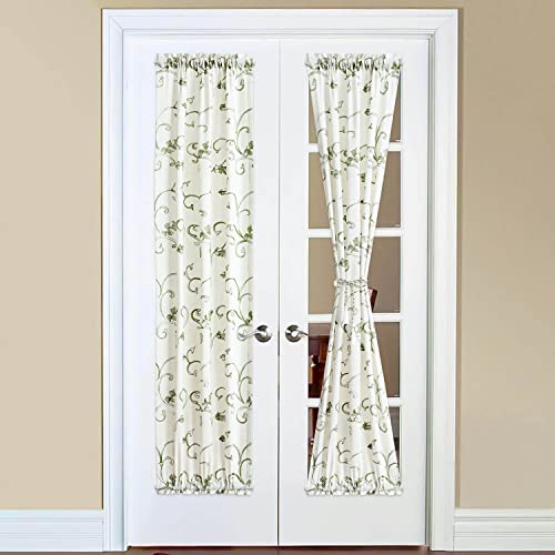 Image of VOGOL French Door Curtains, Green Vines Embroidered Privacy Doorway Curtains, 1 Piece 25 x 72 Inches Window Treatment for Sidelight Glass Window, Rod Pocket