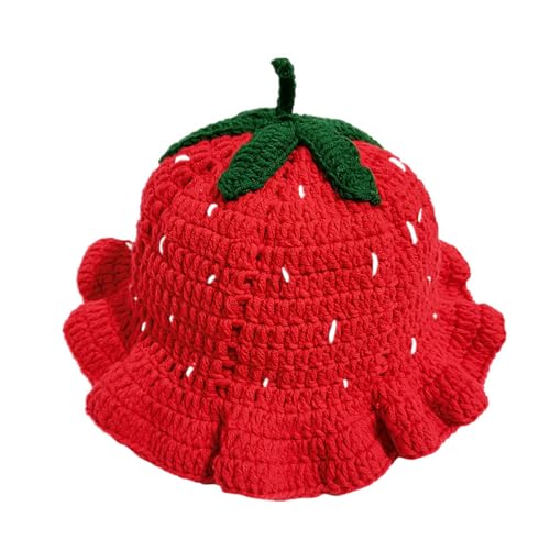 Baby Girls Knitted Strawberry Hat Strawberry Crochet Knitted Winter Hat Breathable Warm Hat (Red ONE Size)