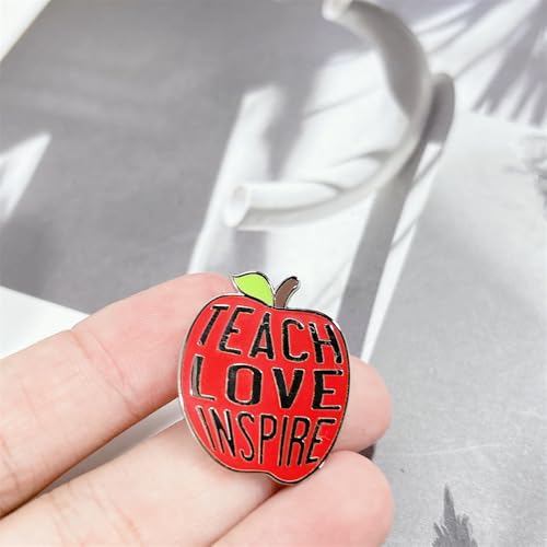 Image of Teach Love Inspire Red Apple Brooch Enamel Pin For Women Girls Fun Cartoon Teacher School Badge Brooches Novelty Food Fruit Green Leaves Lapel Pins Backpacks Clothing Bags Hats Christmas Teachers' Day Jewelry Gift